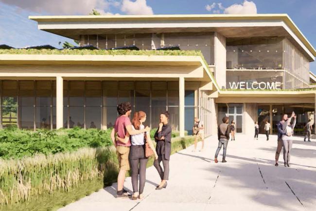 Architect's rendering of the entrance to the Student Development & Success Center with people walking and talking near the building