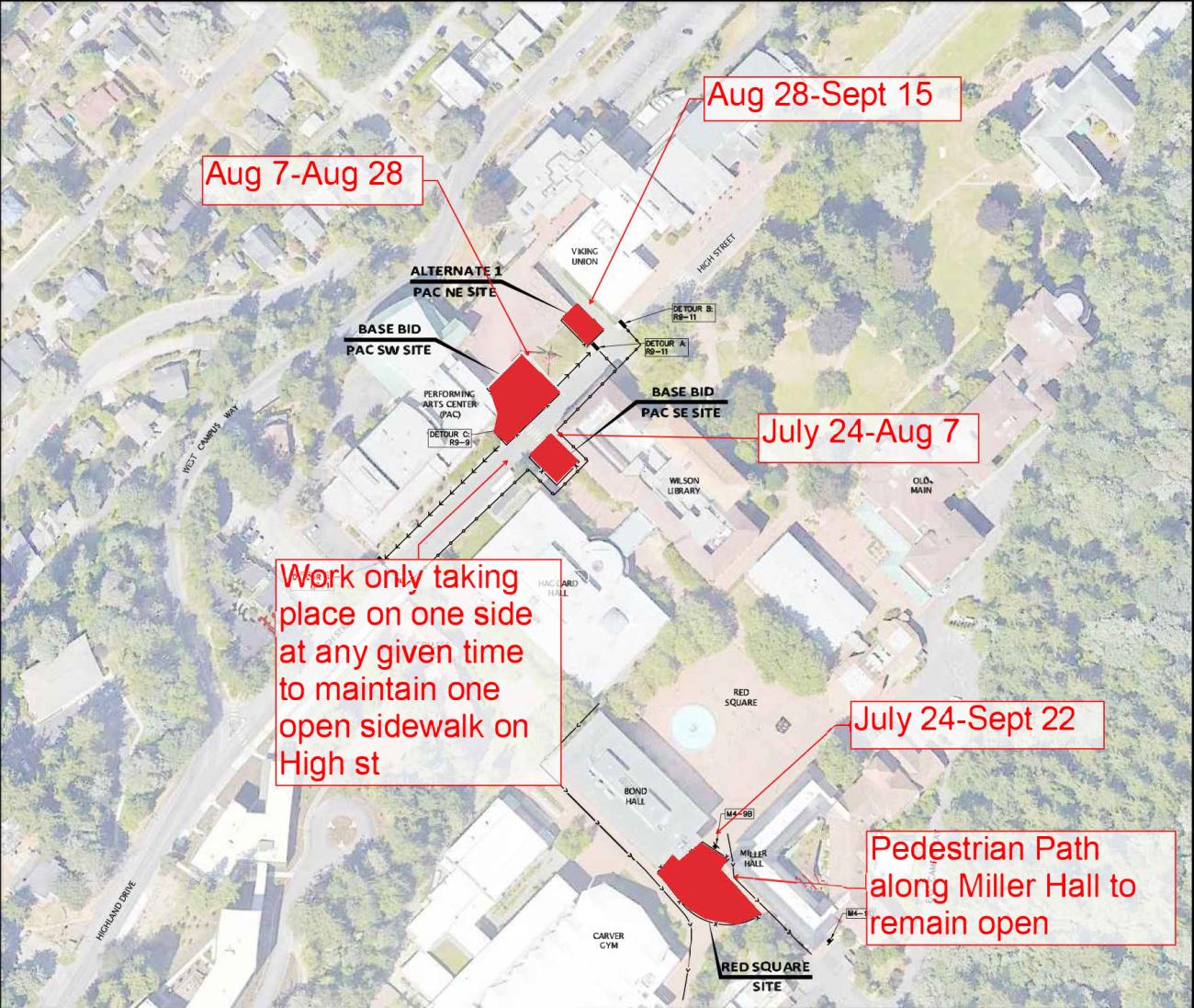 Map showing campus walkways work areas and dates as described above