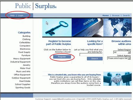 public surplus website showing login at upper left and registration link below and to the right