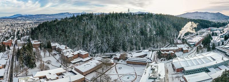 Aerial view of campus covered with fresh snow