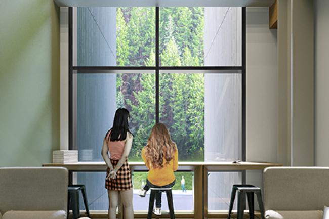 Rendering of two student standing at a desk and looking out a window