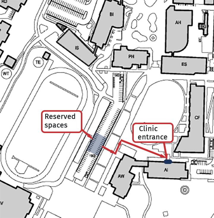 map showing walking path from parking lot to clinic
