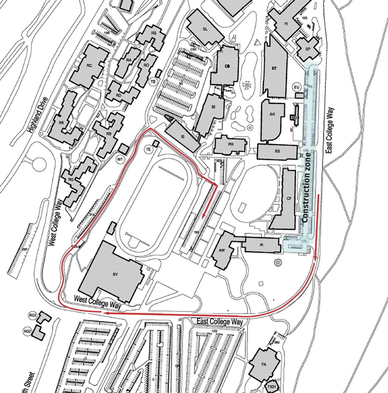 map showing directions from old parking lot