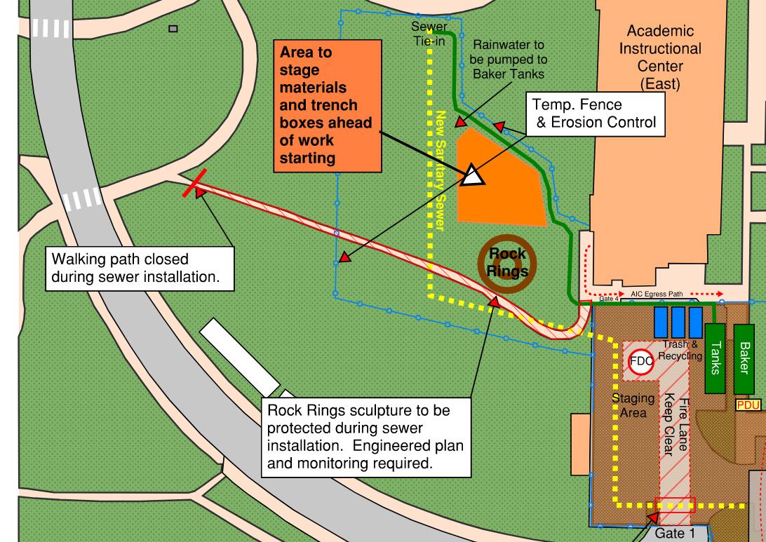 map showing closed section of walkway between the main path and the Academic Instructional Center